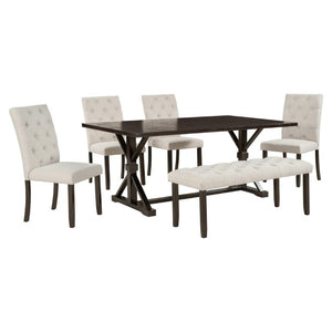 English Elm Trexm Farmhouse Trestle Dining Set Seats Six with Tufted Chairs and Bench Espresso ST000067AAP