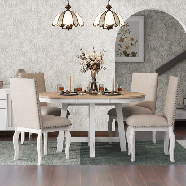 English Elm Trexm Farmhouse Round Extendable Dining Set Acacia Veneer Table with 4 Nailhead Chairs Oak Natural Wood + Antique White ST000074AAD--2026