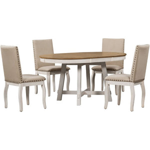 English Elm Trexm Farmhouse Round Extendable Dining Set Acacia Veneer Table with 4 Nailhead Chairs Oak Natural Wood + Antique White ST000074AAD--2026