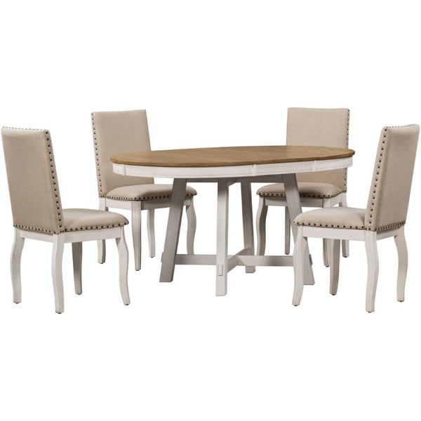 English Elm Trexm Farmhouse Round Extendable Dining Set Acacia Veneer Table with 4 Nailhead Chairs Oak Natural Wood + Antique White ST000074AAD--2026
