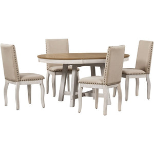 English Elm Trexm Farmhouse Round Extendable Dining Set Acacia Veneer Table with 4 Nailhead Chairs Oak Natural Wood + Antique White ST000074AAD--2026