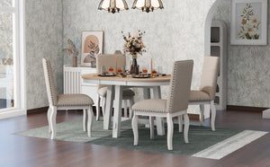 English Elm Trexm Farmhouse Round Extendable Dining Set Acacia Veneer Table with 4 Nailhead Chairs Oak Natural Wood + Antique White ST000074AAD--2026