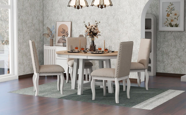 English Elm Trexm Farmhouse Round Extendable Dining Set Acacia Veneer Table with 4 Nailhead Chairs Oak Natural Wood + Antique White ST000074AAD--2026