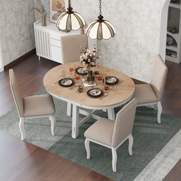 English Elm Trexm Farmhouse Round Extendable Dining Set Acacia Veneer Table with 4 Nailhead Chairs Oak Natural Wood + Antique White ST000074AAD--2026