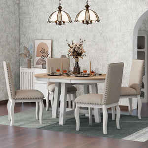 English Elm Trexm Farmhouse Round Extendable Dining Set Acacia Veneer Table with 4 Nailhead Chairs Oak Natural Wood + Antique White ST000074AAD--2026
