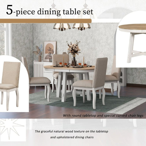English Elm Trexm Farmhouse Round Extendable Dining Set Acacia Veneer Table with 4 Nailhead Chairs Oak Natural Wood + Antique White ST000074AAD--2026