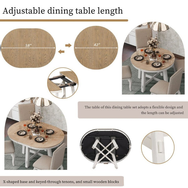 English Elm Trexm Farmhouse Round Extendable Dining Set Acacia Veneer Table with 4 Nailhead Chairs Oak Natural Wood + Antique White ST000074AAD--2026