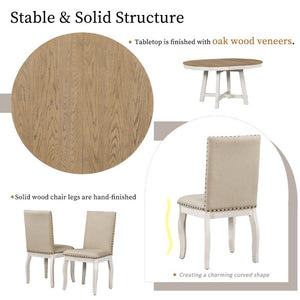 English Elm Trexm Farmhouse Round Extendable Dining Set Acacia Veneer Table with 4 Nailhead Chairs Oak Natural Wood + Antique White ST000074AAD--2026