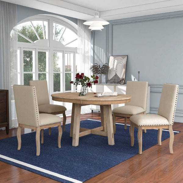 English Elm Trexm Farmhouse Round Extendable Dining Set Acacia Veneer Table with 4 Nailhead Chairs Natural Wood Wash ST000074AAE--2026