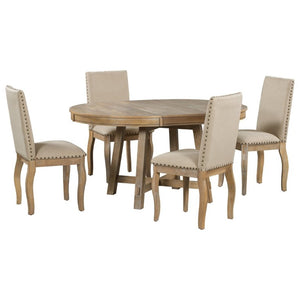 English Elm Trexm Farmhouse Round Extendable Dining Set Acacia Veneer Table with 4 Nailhead Chairs Natural Wood Wash ST000074AAE--2026