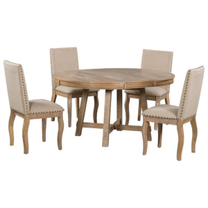 English Elm Trexm Farmhouse Round Extendable Dining Set Acacia Veneer Table with 4 Nailhead Chairs Natural Wood Wash ST000074AAE--2026