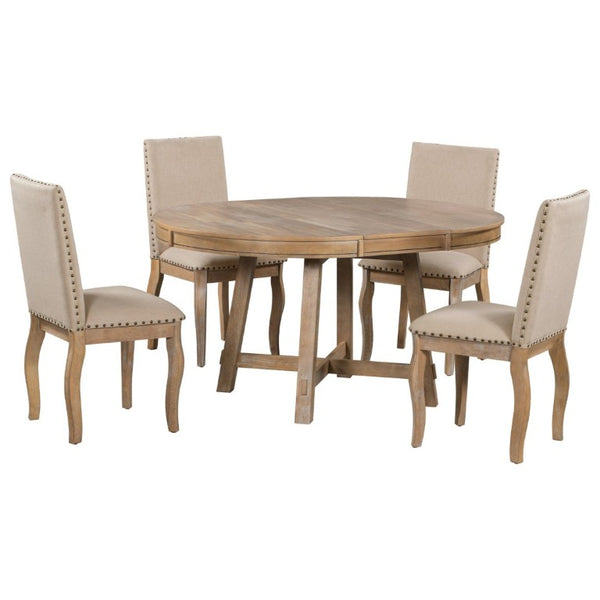 English Elm Trexm Farmhouse Round Extendable Dining Set Acacia Veneer Table with 4 Nailhead Chairs Natural Wood Wash ST000074AAE--2026