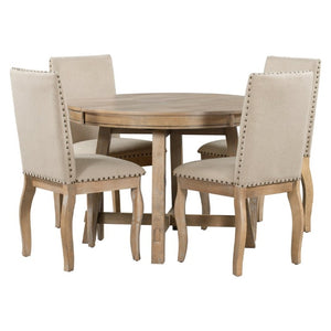 English Elm Trexm Farmhouse Round Extendable Dining Set Acacia Veneer Table with 4 Nailhead Chairs Natural Wood Wash ST000074AAE--2026