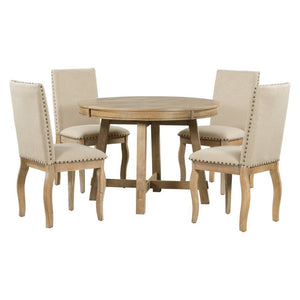 English Elm Trexm Farmhouse Round Extendable Dining Set Acacia Veneer Table with 4 Nailhead Chairs Natural Wood Wash ST000074AAE--2026