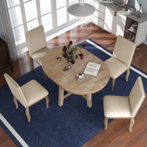English Elm Trexm Farmhouse Round Extendable Dining Set Acacia Veneer Table with 4 Nailhead Chairs Natural Wood Wash ST000074AAE--2026