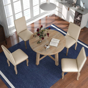English Elm Trexm Farmhouse Round Extendable Dining Set Acacia Veneer Table with 4 Nailhead Chairs Natural Wood Wash ST000074AAE--2026
