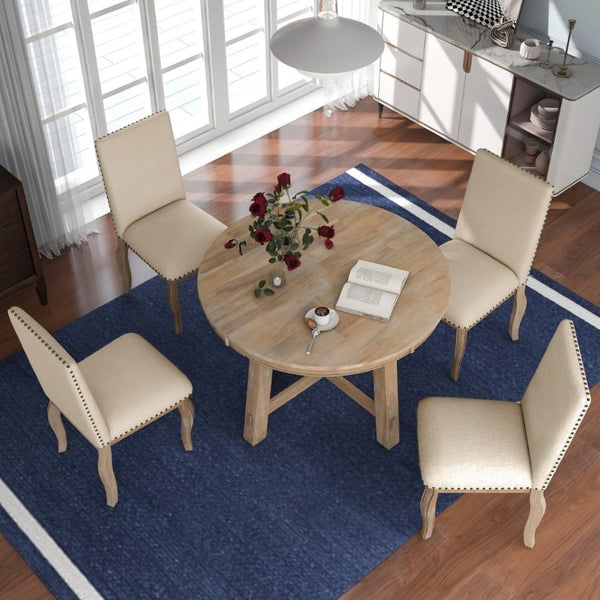 English Elm Trexm Farmhouse Round Extendable Dining Set Acacia Veneer Table with 4 Nailhead Chairs Natural Wood Wash ST000074AAE--2026