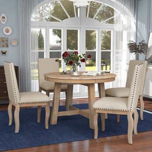 English Elm Trexm Farmhouse Round Extendable Dining Set Acacia Veneer Table with 4 Nailhead Chairs Natural Wood Wash ST000074AAE--2026