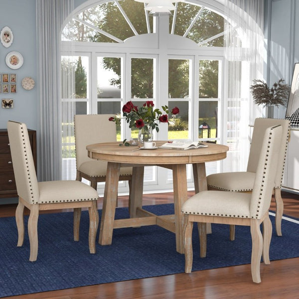 English Elm Trexm Farmhouse Round Extendable Dining Set Acacia Veneer Table with 4 Nailhead Chairs Natural Wood Wash ST000074AAE--2026