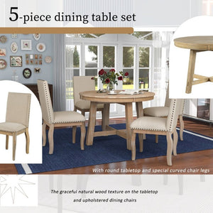 English Elm Trexm Farmhouse Round Extendable Dining Set Acacia Veneer Table with 4 Nailhead Chairs Natural Wood Wash ST000074AAE--2026