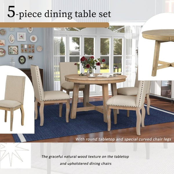 English Elm Trexm Farmhouse Round Extendable Dining Set Acacia Veneer Table with 4 Nailhead Chairs Natural Wood Wash ST000074AAE--2026
