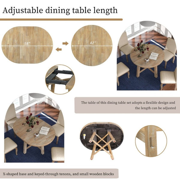 English Elm Trexm Farmhouse Round Extendable Dining Set Acacia Veneer Table with 4 Nailhead Chairs Natural Wood Wash ST000074AAE--2026