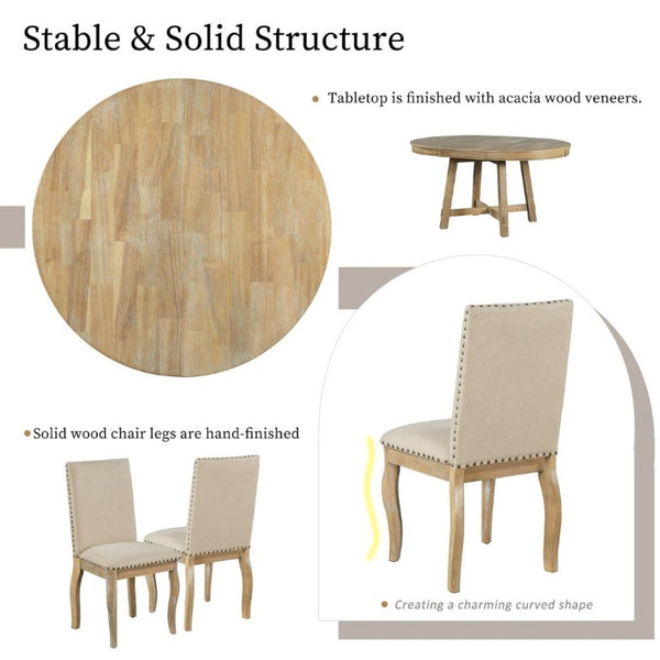 English Elm Trexm Farmhouse Round Extendable Dining Set Acacia Veneer Table with 4 Nailhead Chairs Natural Wood Wash ST000074AAE--2026