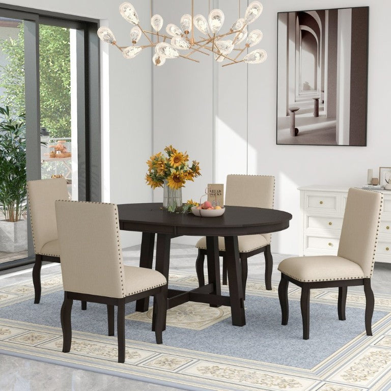 English Elm Trexm Farmhouse Round Extendable Dining Set Acacia Veneer Table with 4 Nailhead Chairs Espresso ST000074AAP--2026