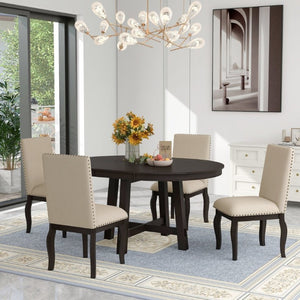 English Elm Trexm Farmhouse Round Extendable Dining Set Acacia Veneer Table with 4 Nailhead Chairs Espresso ST000074AAP--2026