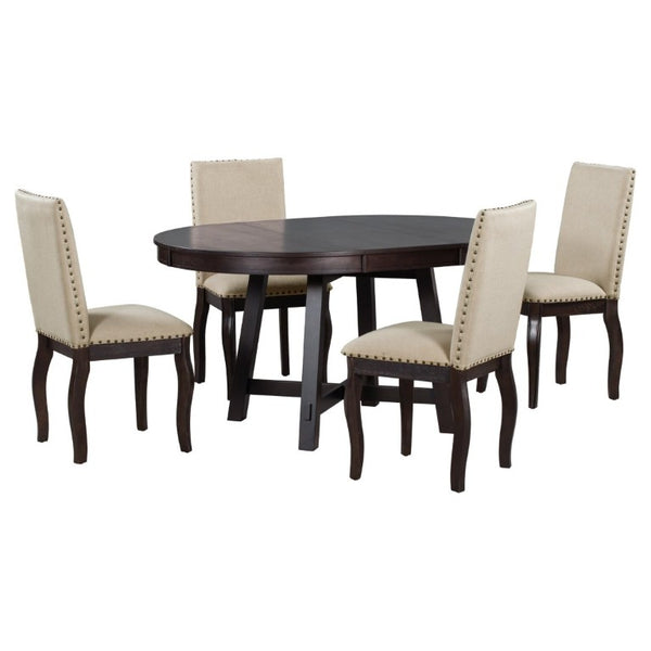 English Elm Trexm Farmhouse Round Extendable Dining Set Acacia Veneer Table with 4 Nailhead Chairs Espresso ST000074AAP--2026