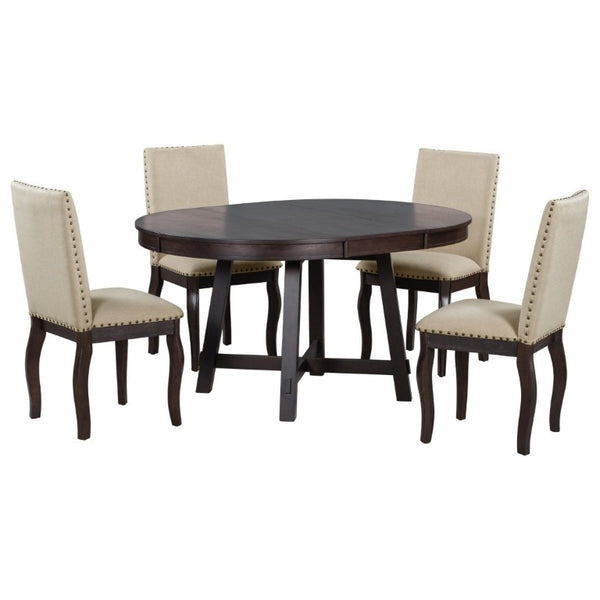 English Elm Trexm Farmhouse Round Extendable Dining Set Acacia Veneer Table with 4 Nailhead Chairs Espresso ST000074AAP--2026
