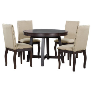 English Elm Trexm Farmhouse Round Extendable Dining Set Acacia Veneer Table with 4 Nailhead Chairs Espresso ST000074AAP--2026