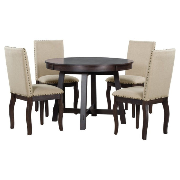 English Elm Trexm Farmhouse Round Extendable Dining Set Acacia Veneer Table with 4 Nailhead Chairs Espresso ST000074AAP--2026