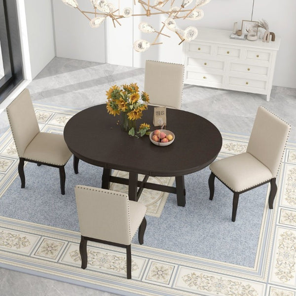 English Elm Trexm Farmhouse Round Extendable Dining Set Acacia Veneer Table with 4 Nailhead Chairs Espresso ST000074AAP--2026