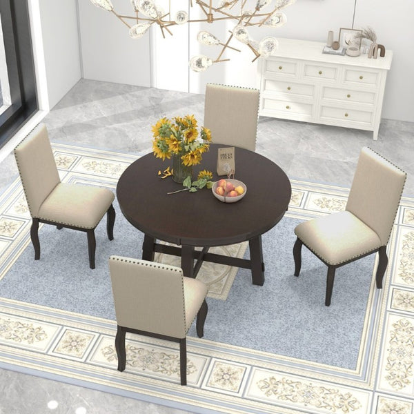 English Elm Trexm Farmhouse Round Extendable Dining Set Acacia Veneer Table with 4 Nailhead Chairs Espresso ST000074AAP--2026