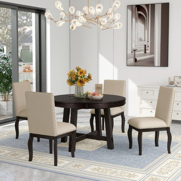 English Elm Trexm Farmhouse Round Extendable Dining Set Acacia Veneer Table with 4 Nailhead Chairs Espresso ST000074AAP--2026