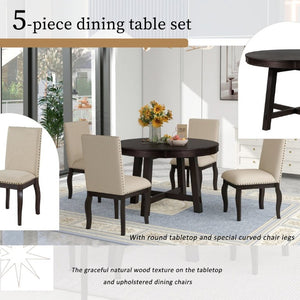 English Elm Trexm Farmhouse Round Extendable Dining Set Acacia Veneer Table with 4 Nailhead Chairs Espresso ST000074AAP--2026