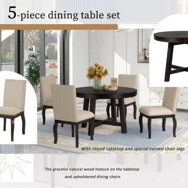 English Elm Trexm Farmhouse Round Extendable Dining Set Acacia Veneer Table with 4 Nailhead Chairs Espresso ST000074AAP--2026