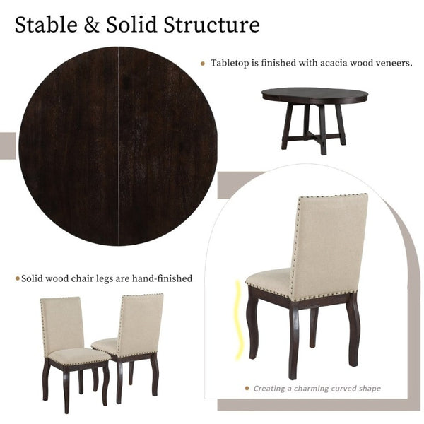 English Elm Trexm Farmhouse Round Extendable Dining Set Acacia Veneer Table with 4 Nailhead Chairs Espresso ST000074AAP--2026