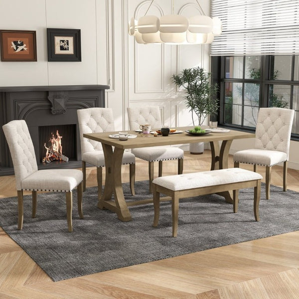 English Elm Trexm Farmhouse 6 Piece Dining Set with Trestle Table Linen Chairs and Bench ST000087AAD--2026