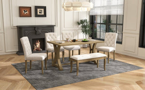 English Elm Trexm Farmhouse 6 Piece Dining Set with Trestle Table Linen Chairs and Bench ST000087AAD--2026