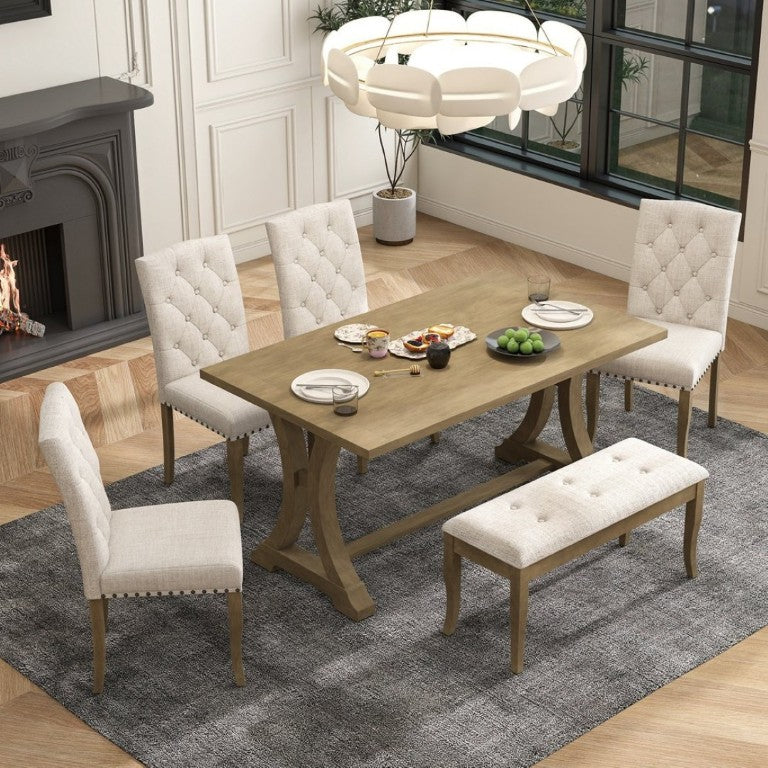 English Elm Trexm Farmhouse 6 Piece Dining Set with Trestle Table Linen Chairs and Bench ST000087AAD--2026