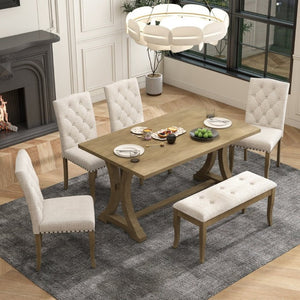 English Elm Trexm Farmhouse 6 Piece Dining Set with Trestle Table Linen Chairs and Bench ST000087AAD--2026
