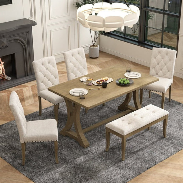 English Elm Trexm Farmhouse 6 Piece Dining Set with Trestle Table Linen Chairs and Bench ST000087AAD--2026