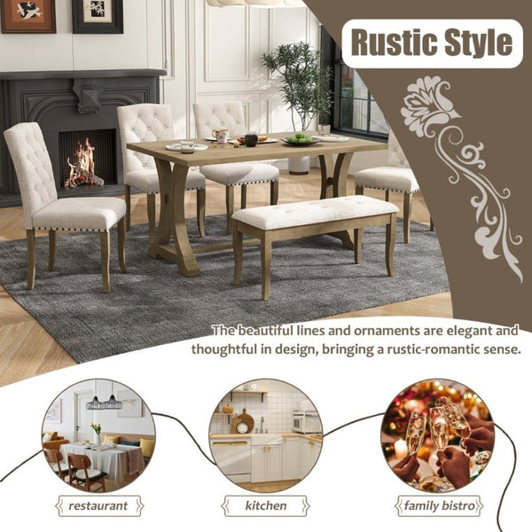 English Elm Trexm Farmhouse 6 Piece Dining Set with Trestle Table Linen Chairs and Bench ST000087AAD--2026