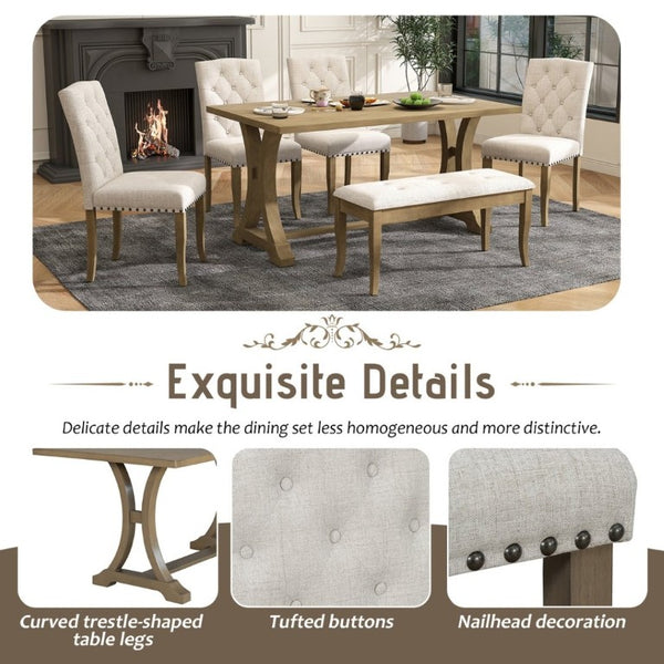 English Elm Trexm Farmhouse 6 Piece Dining Set with Trestle Table Linen Chairs and Bench ST000087AAD--2026