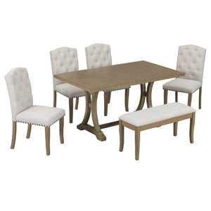 English Elm Trexm Farmhouse 6 Piece Dining Set with Trestle Table Linen Chairs and Bench ST000087AAD--2026