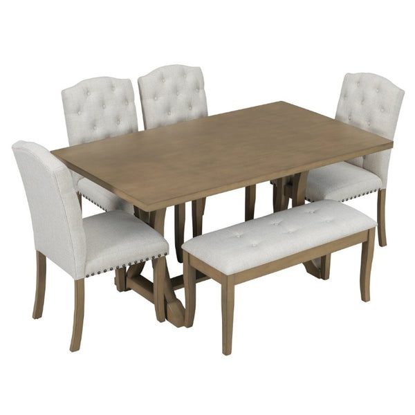 English Elm Trexm Farmhouse 6 Piece Dining Set with Trestle Table Linen Chairs and Bench ST000087AAD--2026