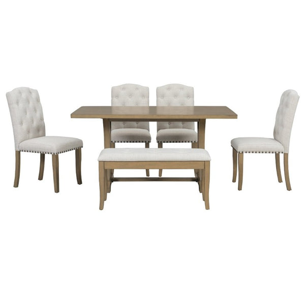 English Elm Trexm Farmhouse 6 Piece Dining Set with Trestle Table Linen Chairs and Bench ST000087AAD--2026
