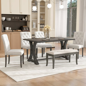 English Elm Trexm Farmhouse Trestle Dining Set Seats Six with Upholstered Chairs and Cushioned Bench ST000087AAE--2026